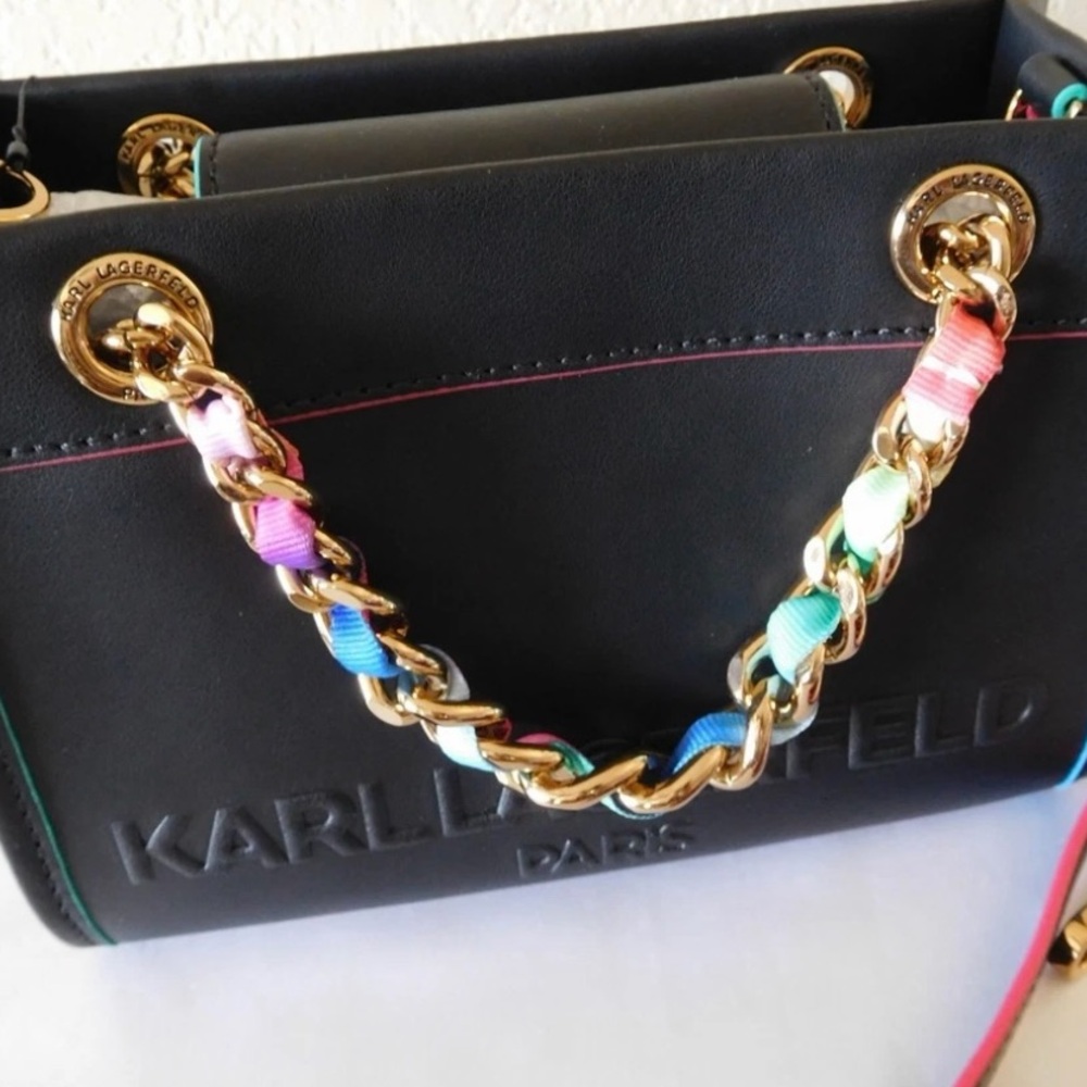 Karl Lagerfeld Paris Savoie Small Leather Black Crossbody with Multicolor Chain - Picture 3 of 13